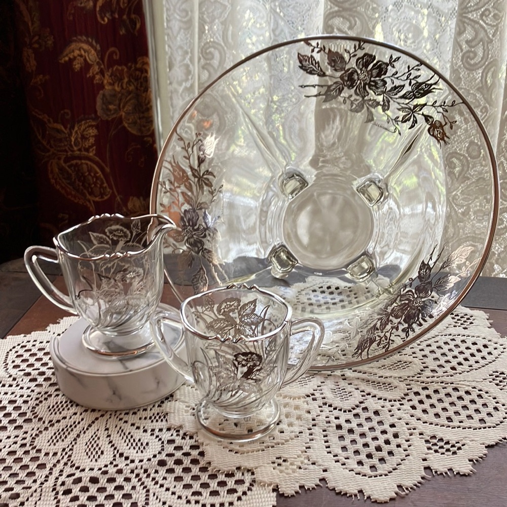 Sterling Floral Gilded Crystal Footed Bowl (creamer & sugar listed separately)